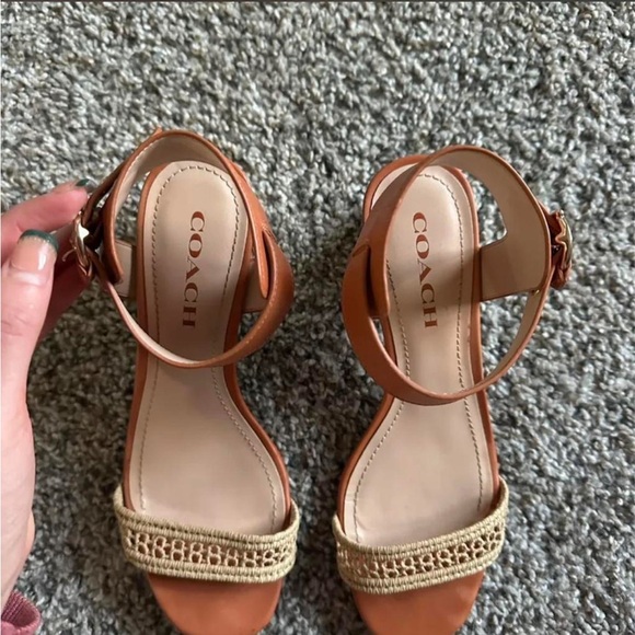 Coach Women's Tan and Gold Heeled Sandals - Picture 3 of 3